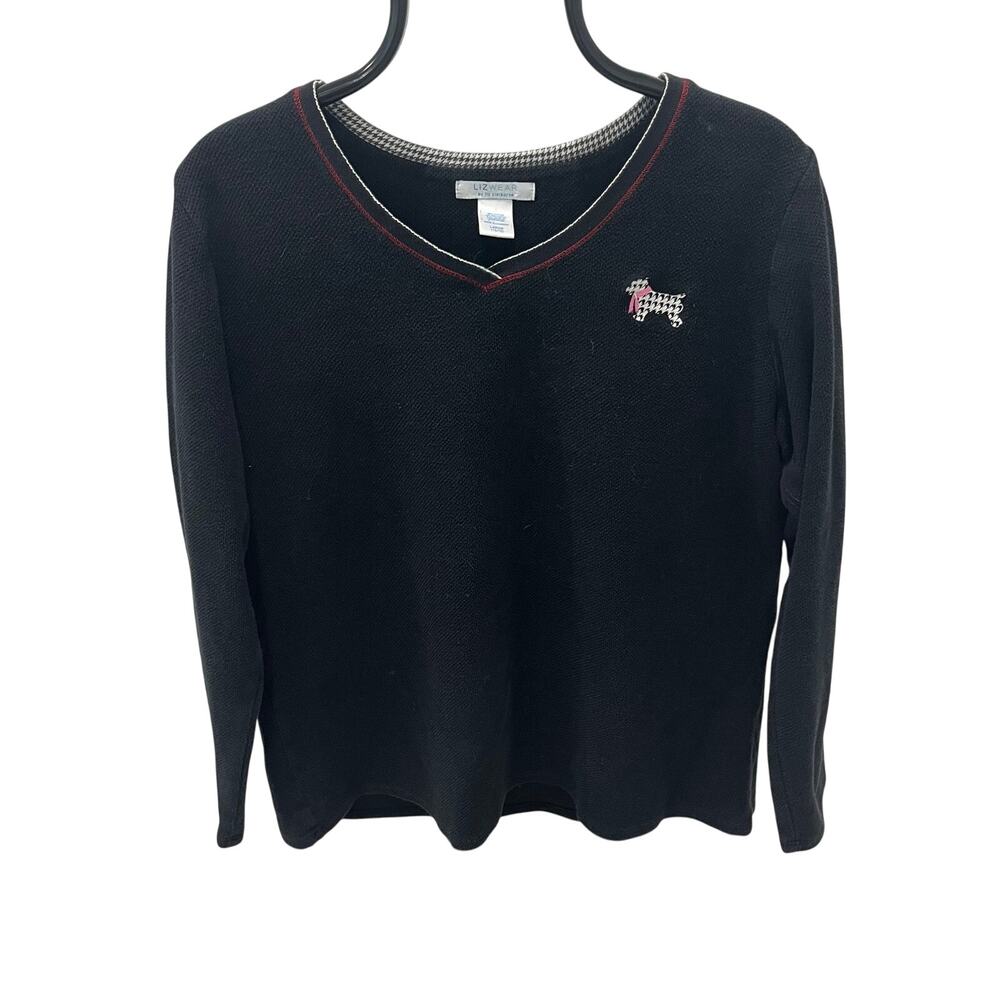 VTG Lizwear Liz Claiborne Scottie Dog Houndstooth V-Neck Sweater Black Size L